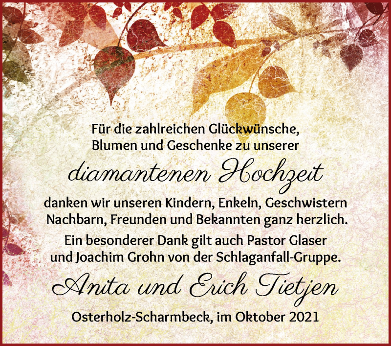 Hochzeitsanzeige von Anita Tietjen von Osterholzer Kreisblatt