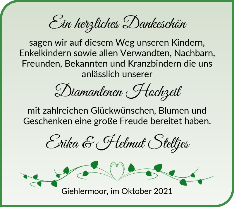 Hochzeitsanzeige von Erika Stelljes von Osterholzer Kreisblatt