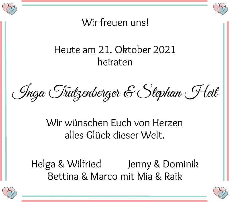 Hochzeitsanzeige von Inja Trutzenberger von Osterholzer Kreisblatt