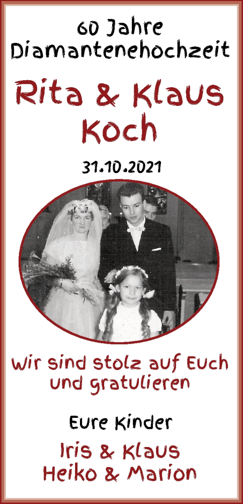 Hochzeitsanzeige von Rita Koch von WESER-KURIER