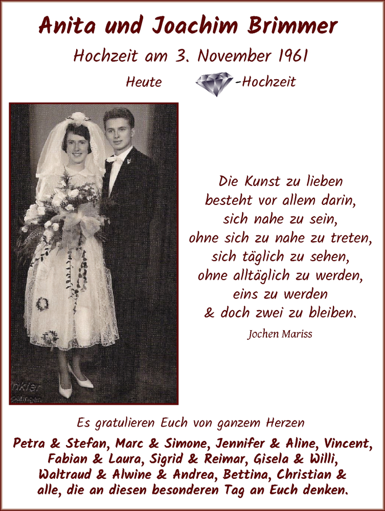 Hochzeitsanzeige von Anita Brimmer von WESER-KURIER