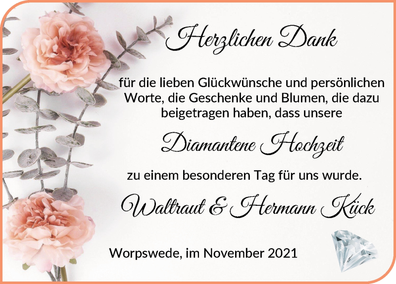 Hochzeitsanzeige von Waltraut Kück von Wuemme Zeitung