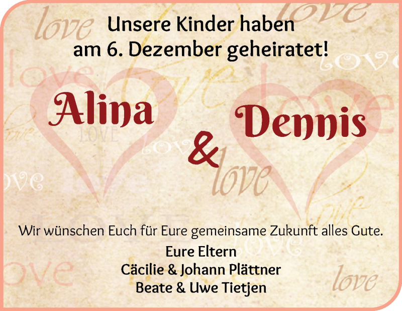 Hochzeitsanzeige von Alina Plättner Tietjen von Wuemme Zeitung