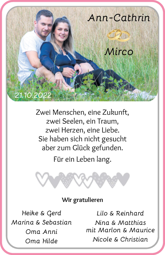 Hochzeitsanzeige von Ann-Cathrin  von Osterholzer Kreisblatt
