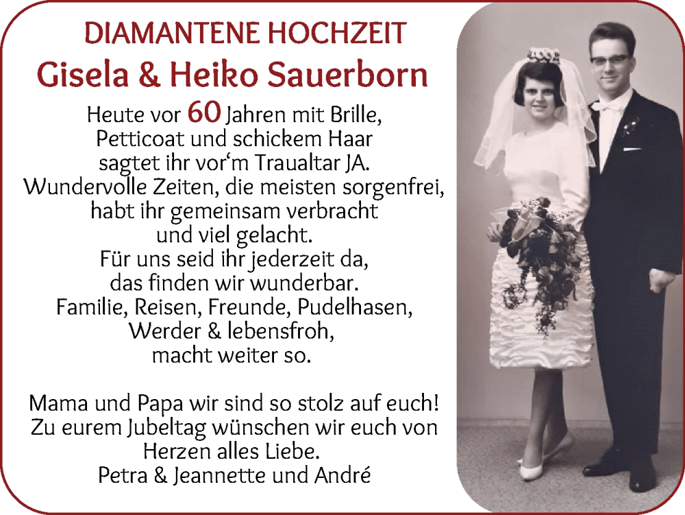 Hochzeitsanzeige von Gisela Sauerborn von WESER-KURIER