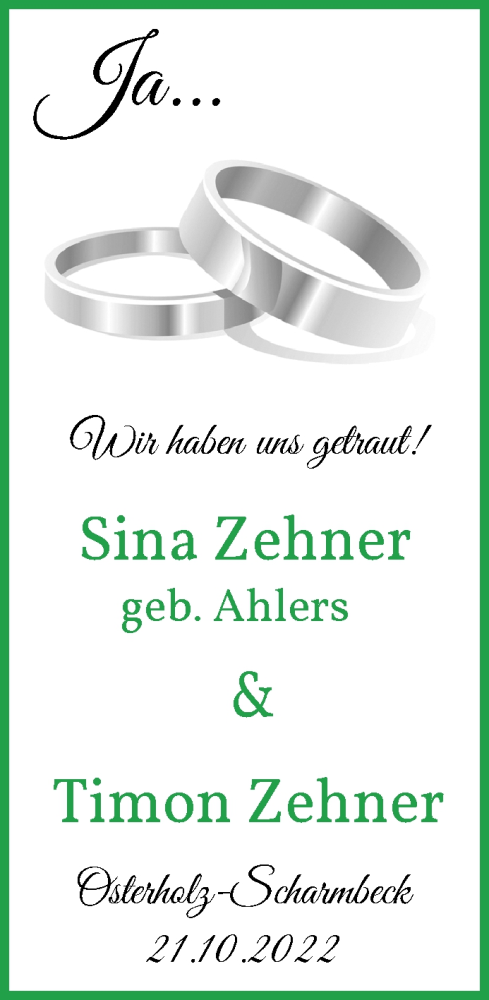 Hochzeitsanzeige von Sina Zehner von Osterholzer Kreisblatt