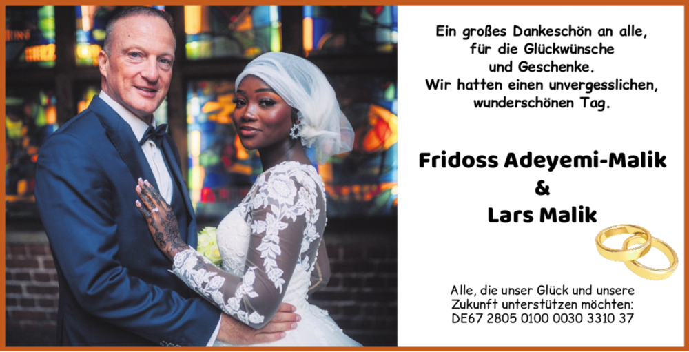 Hochzeitsanzeige von Fridoss Adeyemi-Malik 