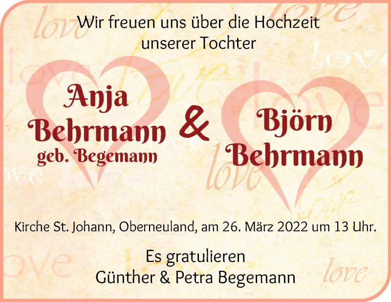 Hochzeitsanzeige von Anja Behrmann von Achimer Kurier/Verdener Nachrichten