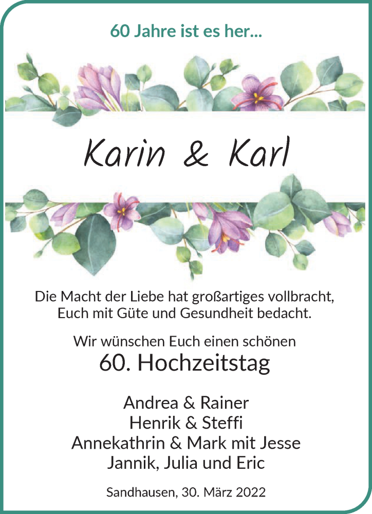 Hochzeitsanzeige von Karin  von Osterholzer Kreisblatt