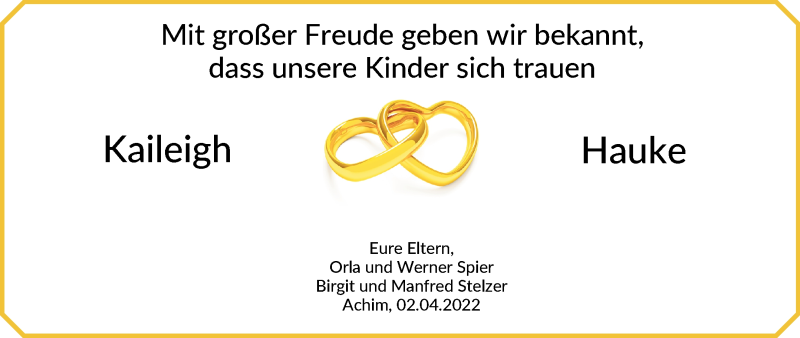 Hochzeitsanzeige von Kaileigh  von Achimer Kurier/Verdener Nachrichten