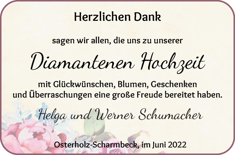 Hochzeitsanzeige von Helga Schumacher von Osterholzer Kreisblatt