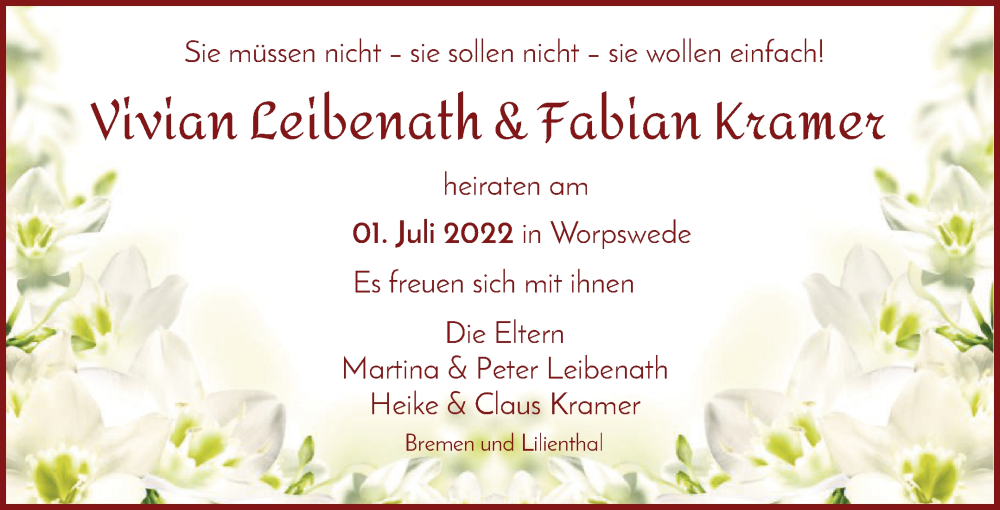Hochzeitsanzeige von Vivian Leibenath von WESER-KURIER