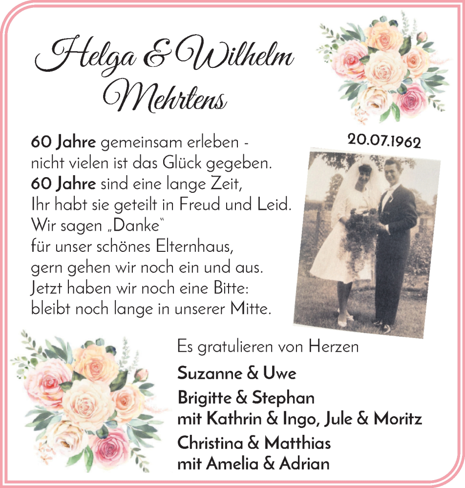 Hochzeitsanzeige von Helga Mehrtens von Osterholzer Kreisblatt