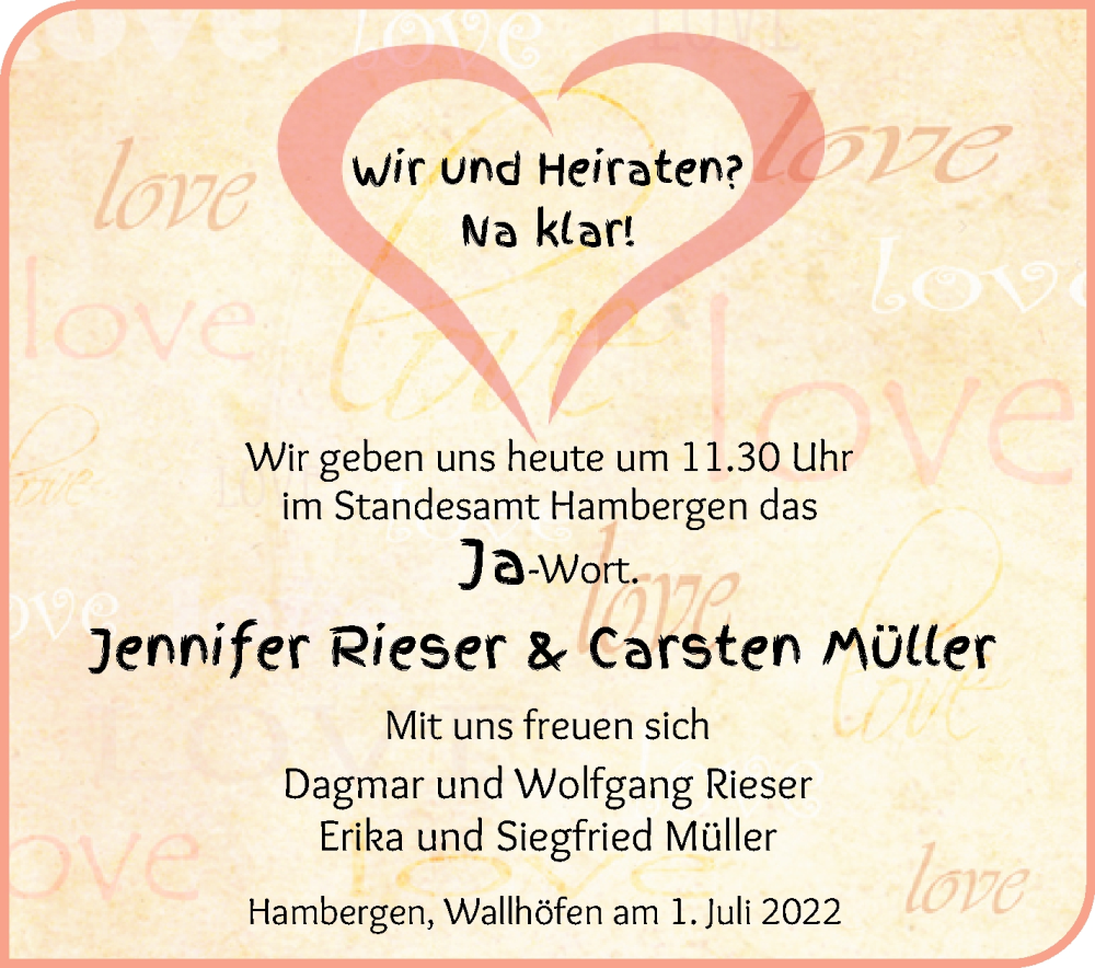 Hochzeitsanzeige von Jennifer Rieser von Osterholzer Kreisblatt