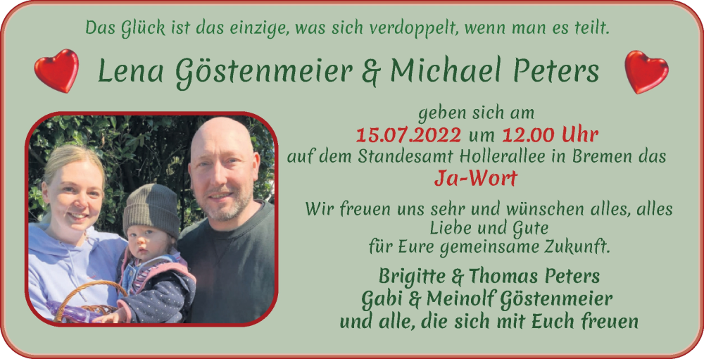 Hochzeitsanzeige von Lena Göstenmeier von WESER-KURIER