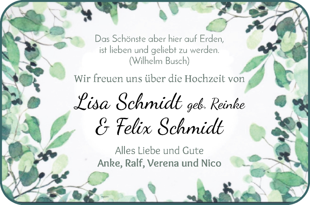 Hochzeitsanzeige von Lisa Schmidt von WESER-KURIER