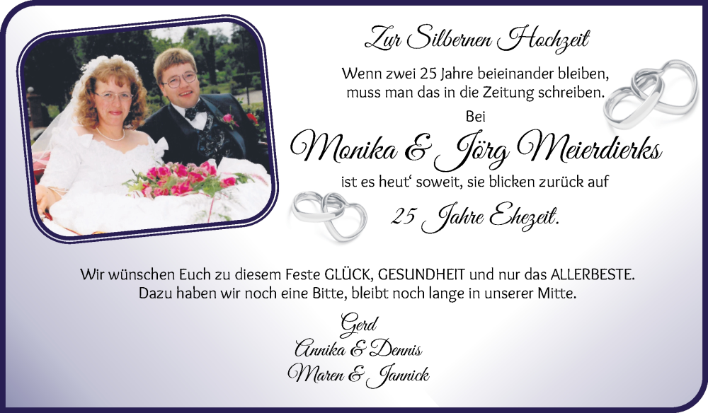 Hochzeitsanzeige von Monika Meierdierks von Wuemme Zeitung