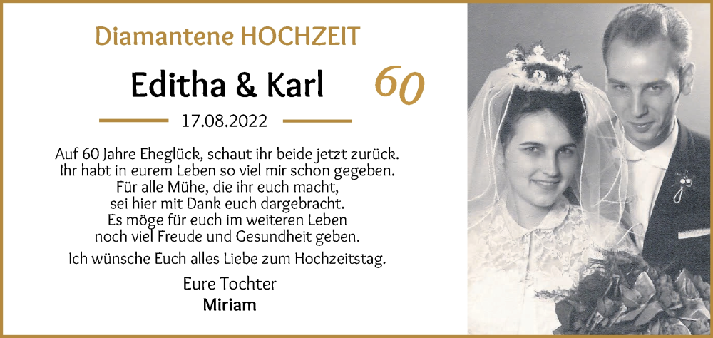 Hochzeitsanzeige von Editha  von Wuemme Zeitung