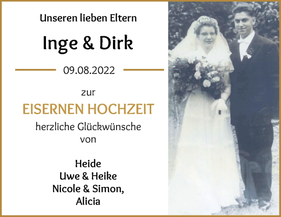 Hochzeitsanzeige von Inge Hüsing von Wuemme Zeitung