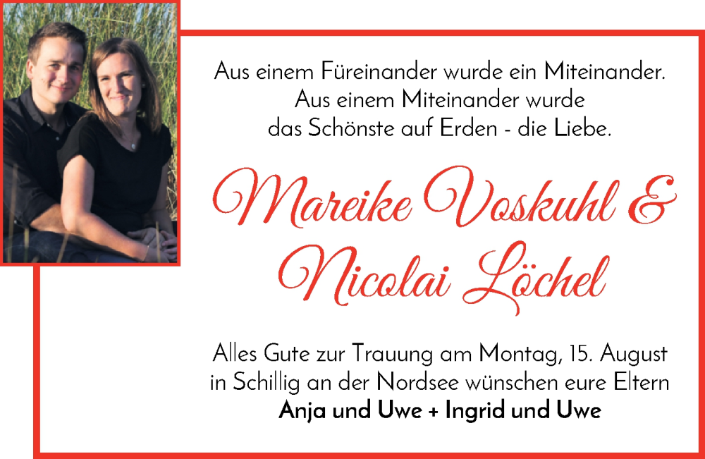 Hochzeitsanzeige von Mareike Voskuhl von WESER-KURIER