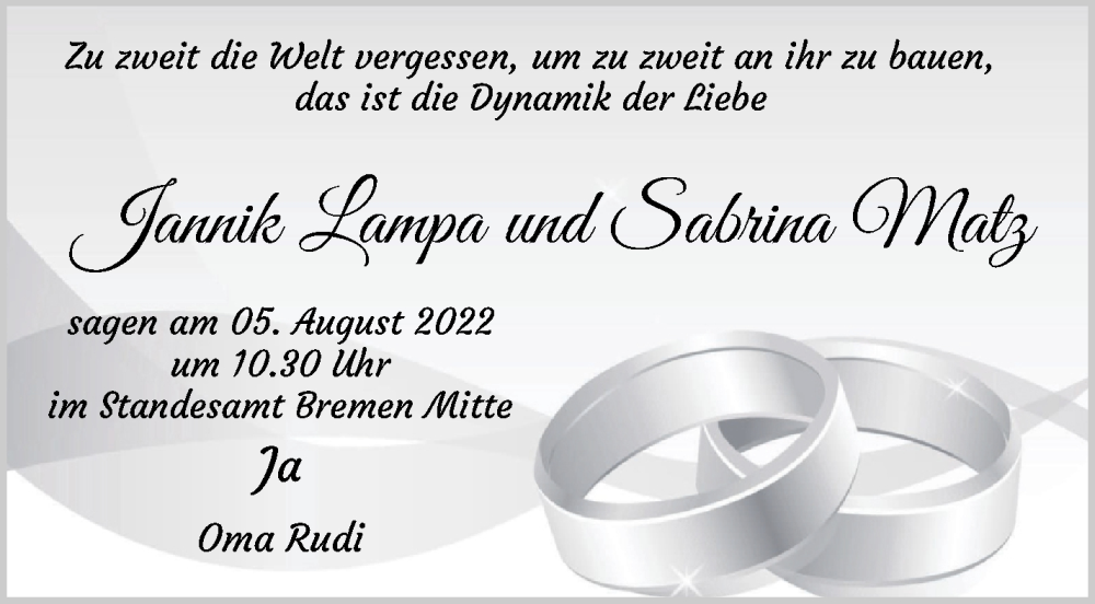 Hochzeitsanzeige von Yannik Matz von WESER-KURIER