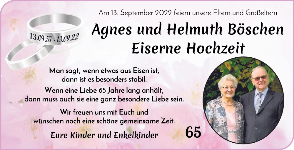 Hochzeitsanzeige von Agnes Böschen von Wuemme Zeitung