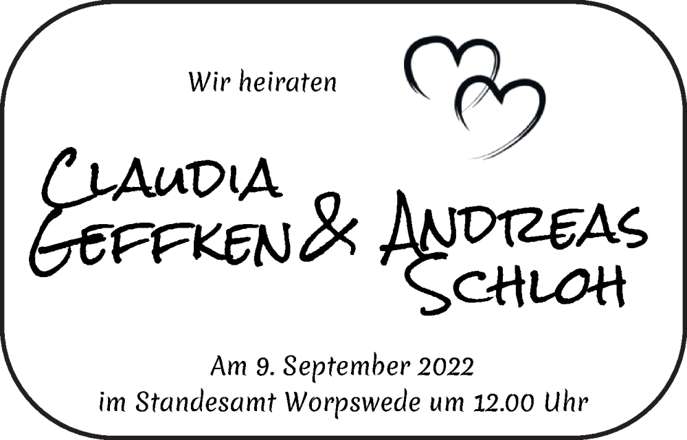 Hochzeitsanzeige von Claudia Geffken von Wuemme Zeitung