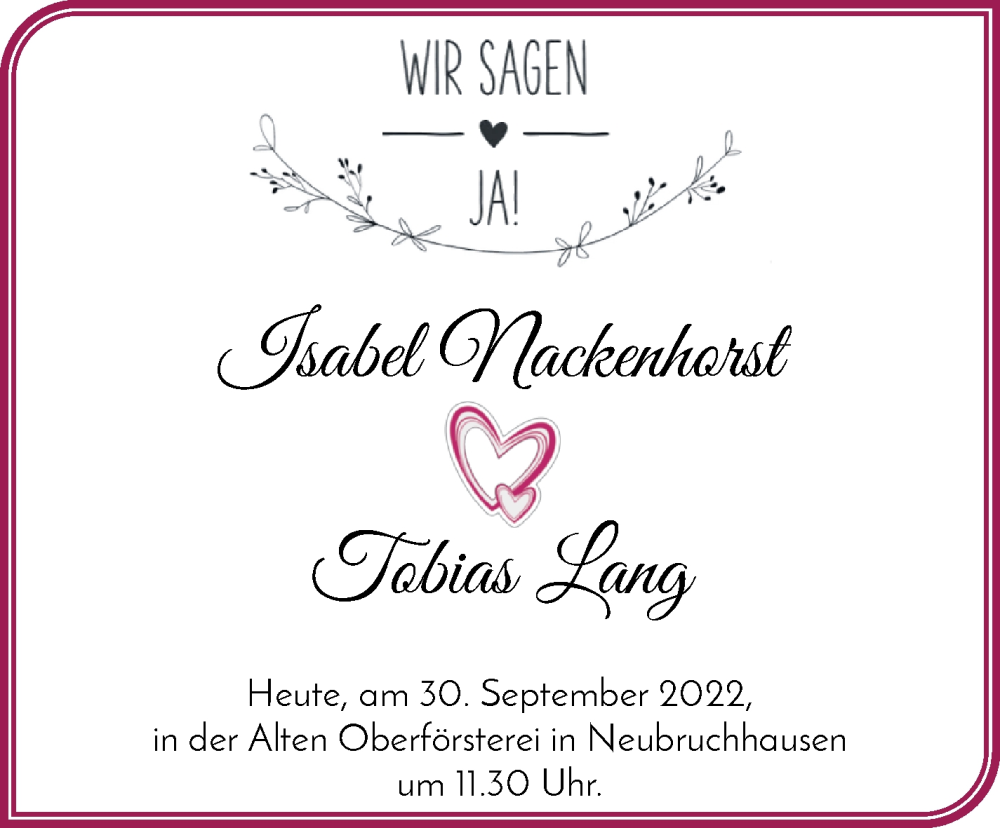 Hochzeitsanzeige von Isabel Nackenhorst von Osterholzer Kreisblatt