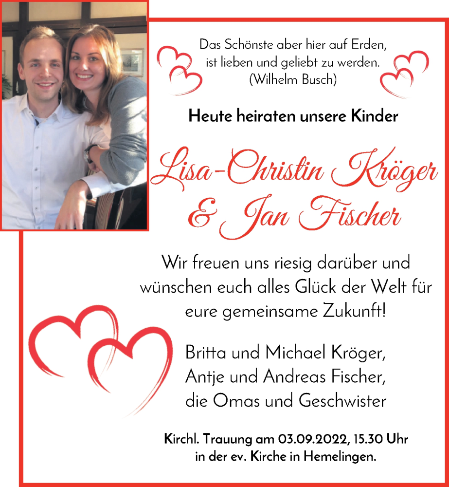 Hochzeitsanzeige von Lisa-Christin Kröger von WESER-KURIER
