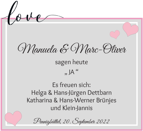 Hochzeitsanzeige von Manuela  von Osterholzer Kreisblatt