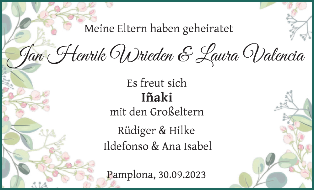 Hochzeitsanzeige von Jan Henrik Wrieden von Osterholzer Kreisblatt