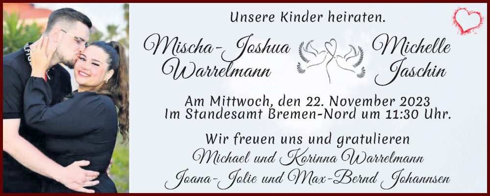 Hochzeitsanzeige von Mischa-Joshua Warrelmann von WESER-KURIER