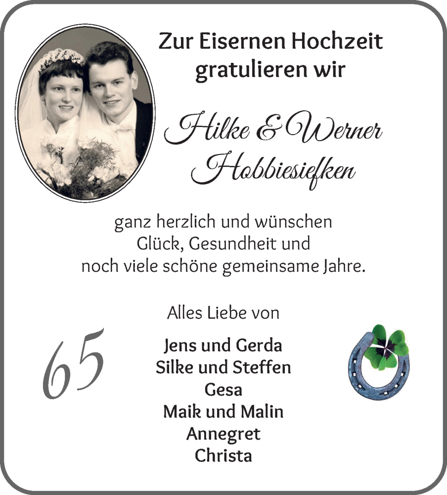 Hochzeitsanzeige von Hilke Hobbiesiefken von Die Norddeutsche
