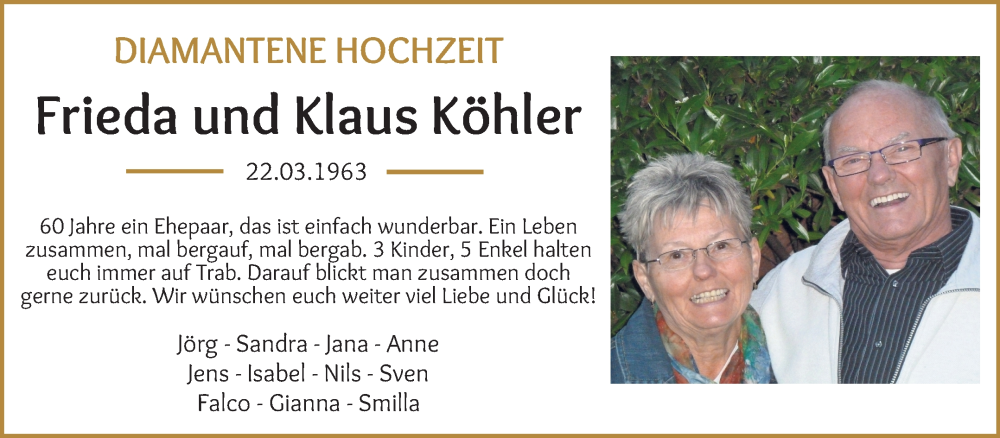 Hochzeitsanzeige von Frieda Köhler von WESER-KURIER
