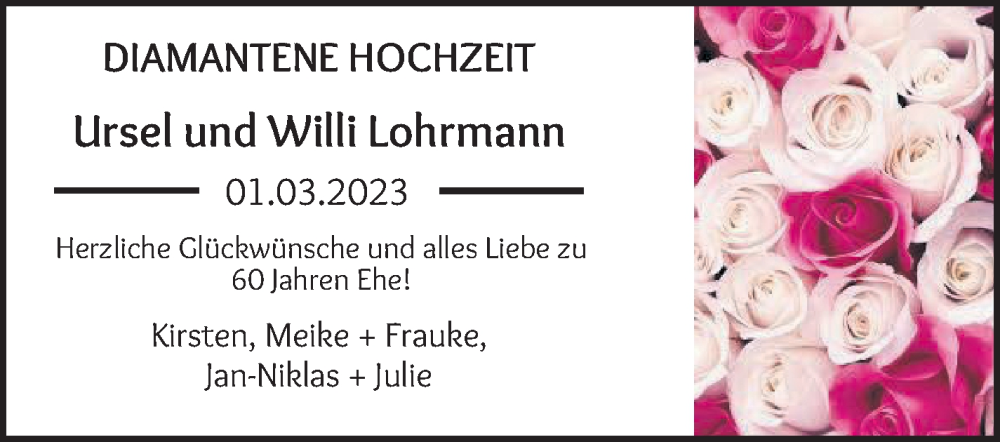 Hochzeitsanzeige von Ursel Lohrmann von WESER-KURIER