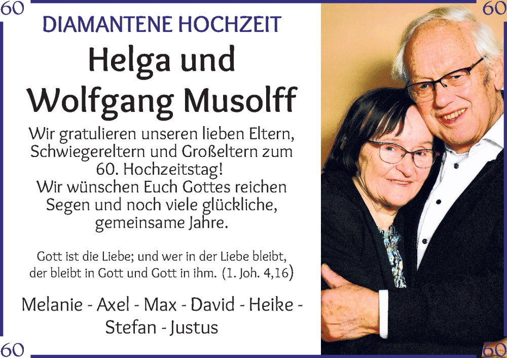 Hochzeitsanzeige von Helga Musolff von WESER-KURIER