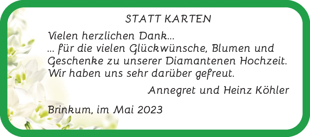 Anzeige für Annegret  Köhler vom 13.05.2023 aus Regionale Rundschau/Syker Kurier