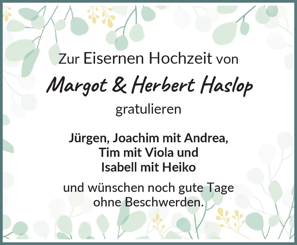 Hochzeitsanzeige von Margot Haslop von Osterholzer Kreisblatt