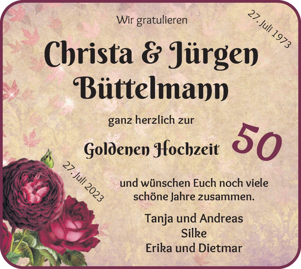 Hochzeitsanzeige von Christa Büttelmann von Die Norddeutsche