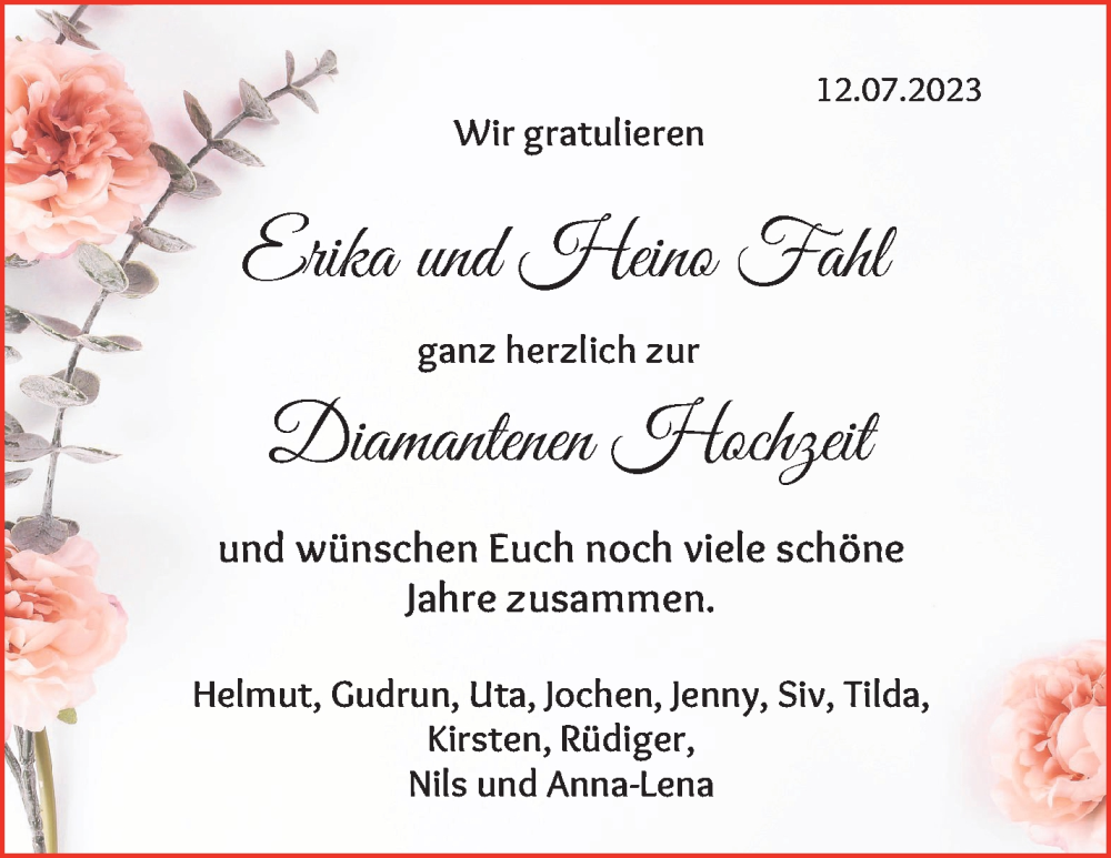 Hochzeitsanzeige von Erika Fahl von WESER-KURIER