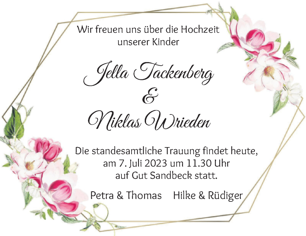 Hochzeitsanzeige von Jella Tackenberg von Osterholzer Kreisblatt