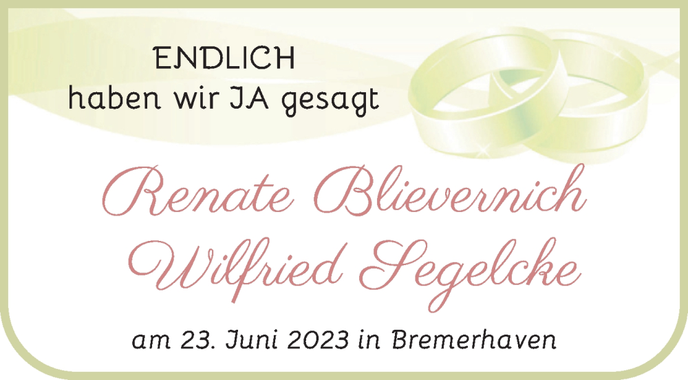 Hochzeitsanzeige von Renate Blievernich von WESER-KURIER