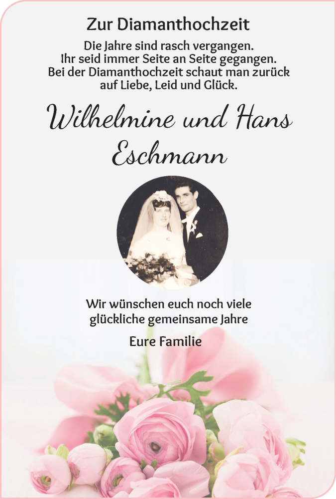 Hochzeitsanzeige von Wilhelmine Eschmann von Wuemme Zeitung
