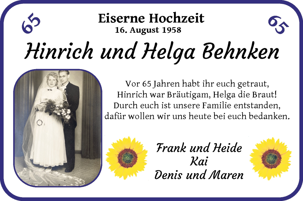 Hochzeitsanzeige von Helga Behnken 