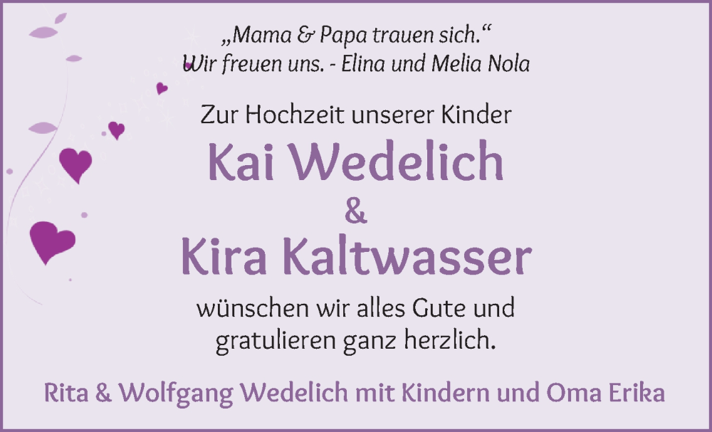 Hochzeitsanzeige von Kai Wedelich von Wuemme Zeitung