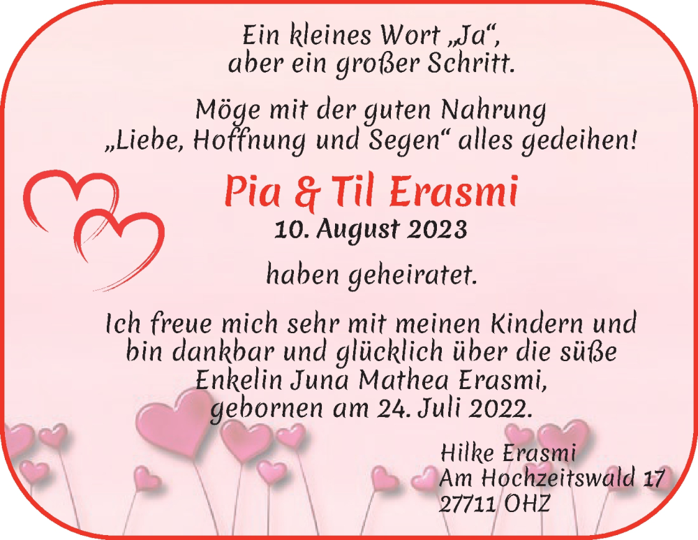 Hochzeitsanzeige von Pia Erasmi von Die Norddeutsche
