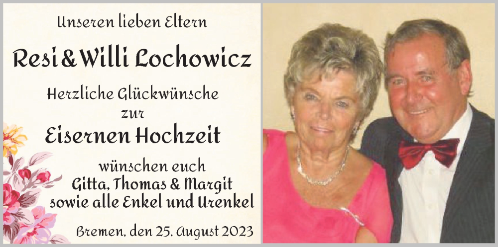 Hochzeitsanzeige von Resi Lochowicz von WESER-KURIER