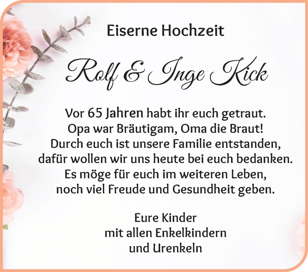Hochzeitsanzeige von Rolf Kick von WESER-KURIER