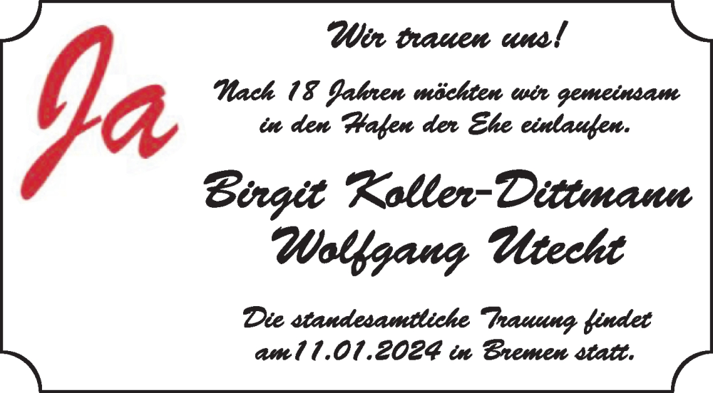 Hochzeitsanzeige von Birgit Koller-Dittmann von WESER-KURIER