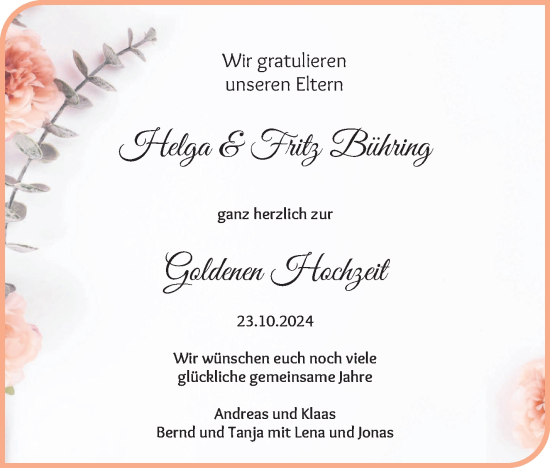 Hochzeitsanzeige von Helga Bühring von Osterholzer Kreisblatt